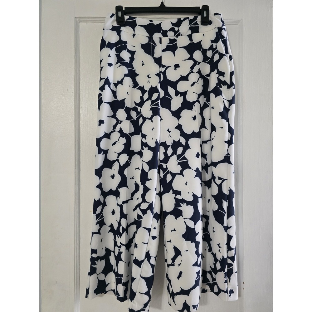 Up! Navy Floral Wide Leg Pants Elastic Waist Pull On Comfort Size 6